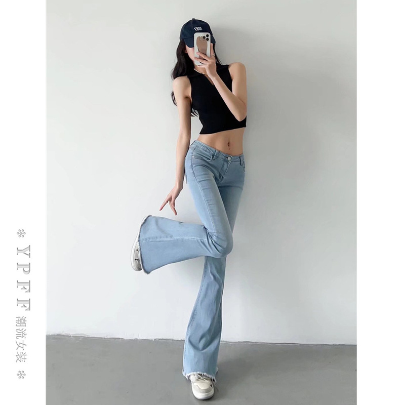 YPFF trendy women's jeans hot girl low waist frayed flared pants washed slim fit wide leg flared trousers