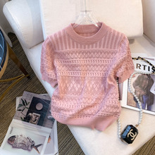 夏季设计感镂空气质短款针织衫法式小众别致甜美短袖t恤外穿上衣