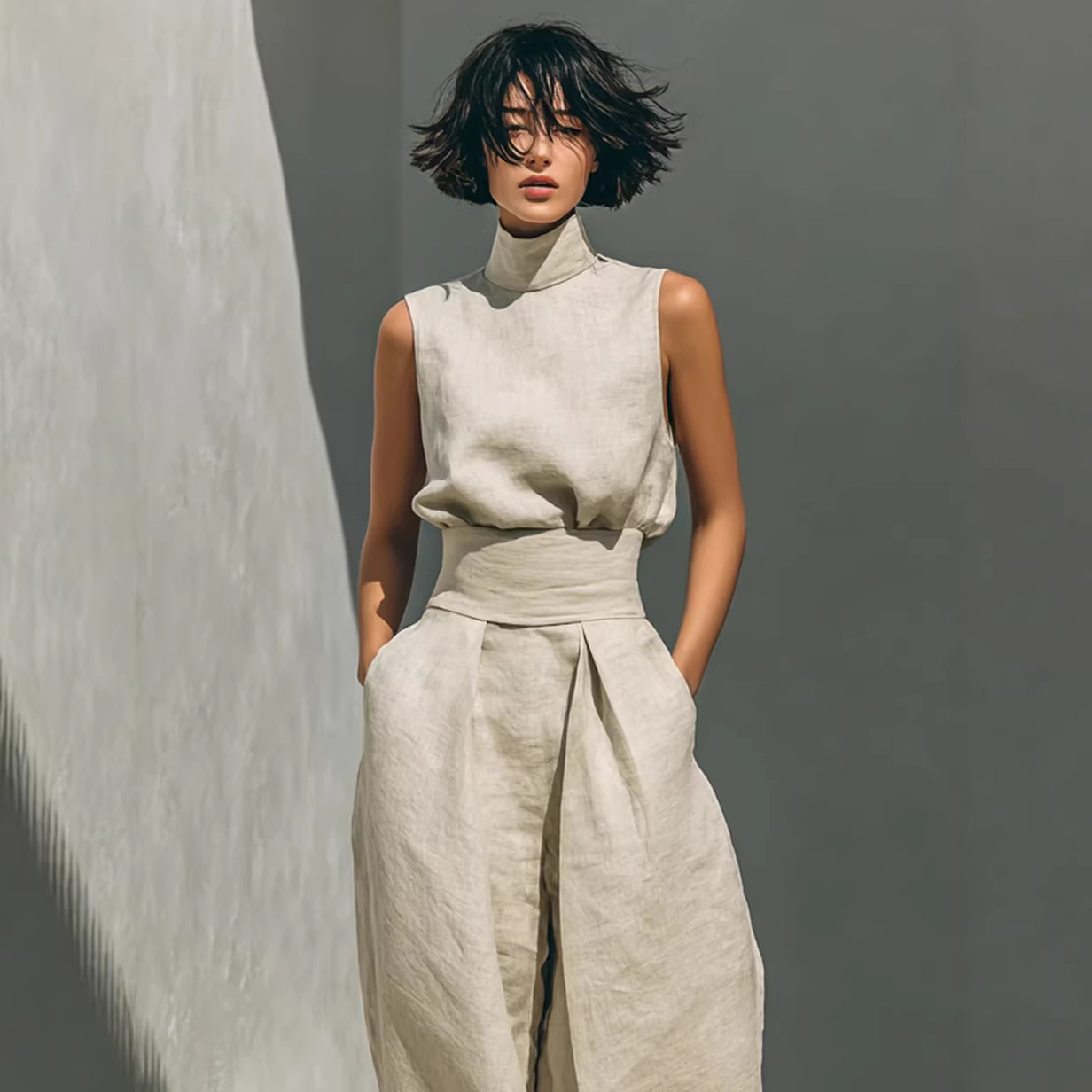 2026 European and American Spring New Style Amazon Solid Color Elegant Women's Simple Cotton-Linen Blend Sleeveless Top and Wide-Leg Pants