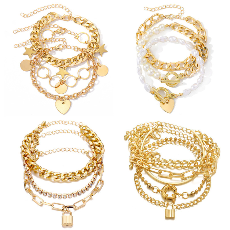 European and American Cross-Border New Punk Heart Lock Butterfly Bracelet Multi-Layer Stacked Jewelry Hip-Hop Style Imitation Pearl Ot Bracelet