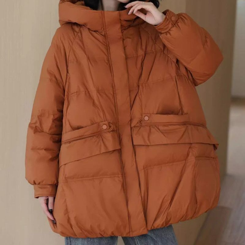 2024 Winter Down Women's New White Duck Down Mid-length Over-the-knee plus size Cocoon Hooded Loose Foreign Style Jacket