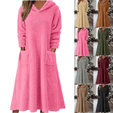 2025跨境新款秋冬欧美亚马逊 宽松休闲绒毛连帽长袖连衣裙家居服