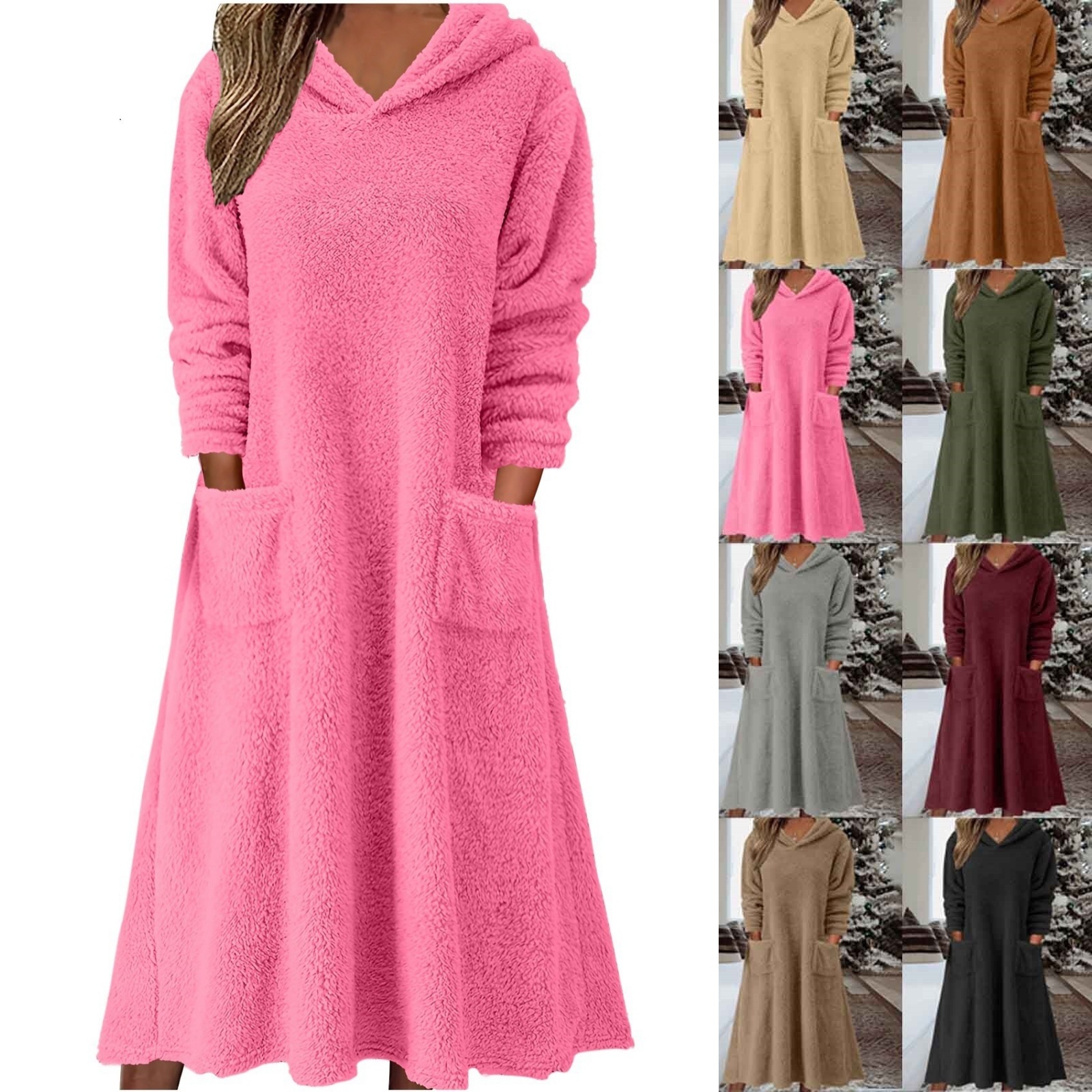 2025跨境新款秋冬欧美亚马逊 宽松休闲绒毛连帽长袖连衣裙家居服