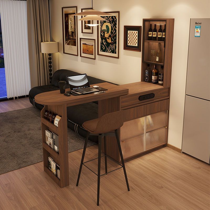 Solid Wood Retro-Style Bar Counter, Retractable Bar Table, Partition Side Cabinet, Home Living Room Small Bar Cabinet, Dining Table Integrated