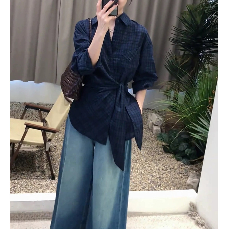 蓝色格纹收腰衬衫女高级感轻奢减龄洋气又a又飒冷淡系设计感上衣|undefined