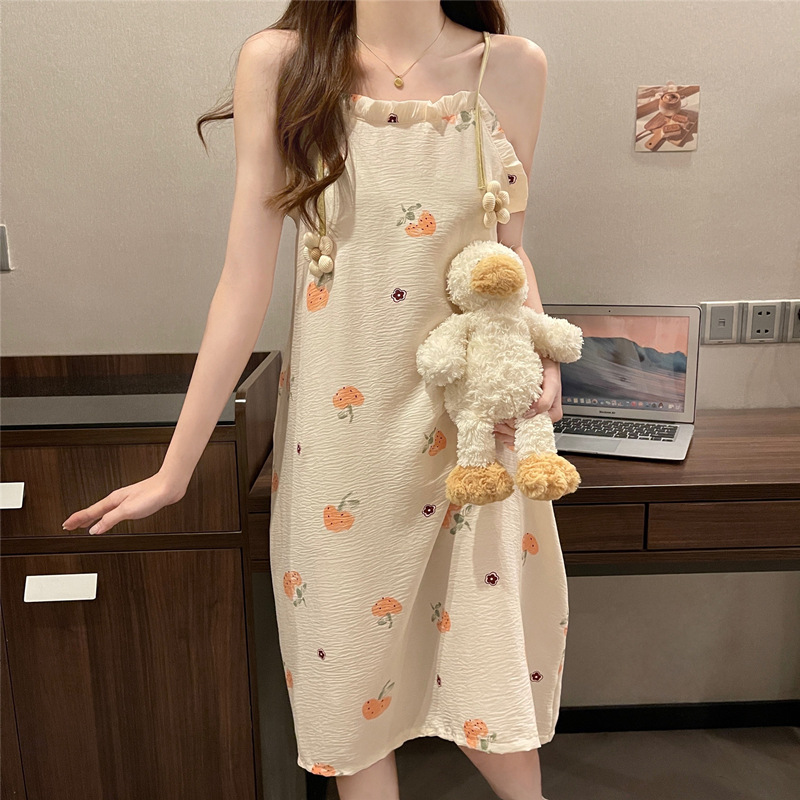 Pijamas de verano de flores pequeñas nubes de algodón tela arrugada dulce princesa viento vestido de verano pijama vestido de mujer