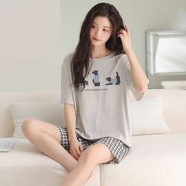 带胸垫纯棉简约睡衣女夏季短袖短裤甜美卡通薄款可外穿家居服套装