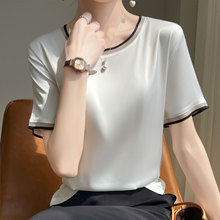 韩版拼色圆领镂空丝滑垂感缎面半袖通勤优雅春夏薄款套头短袖T恤