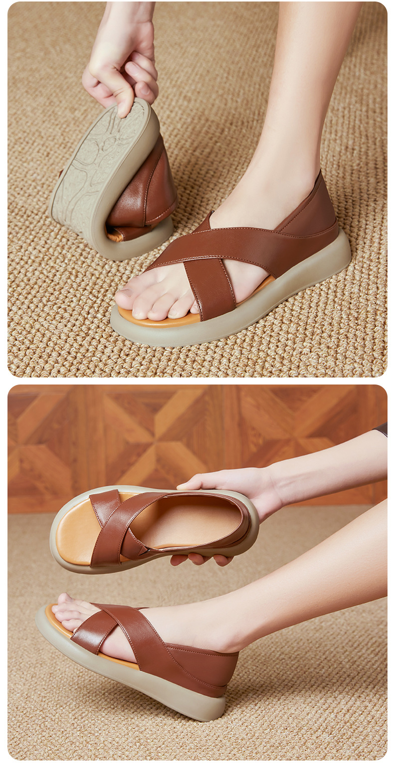 Sandal nữ đế dày đế bằng da thật mềm chống trượt mùa hè — nâu chi tiết 18