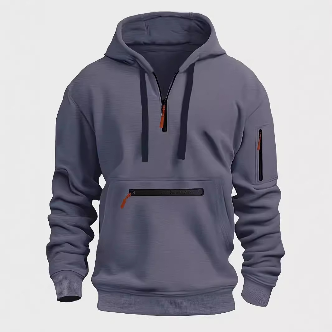 1 Felpa con cappuccio sportiva multitasche con cerniera da uomo, taglia europea, autunno inverno, vestibilità ampia_voghion.com