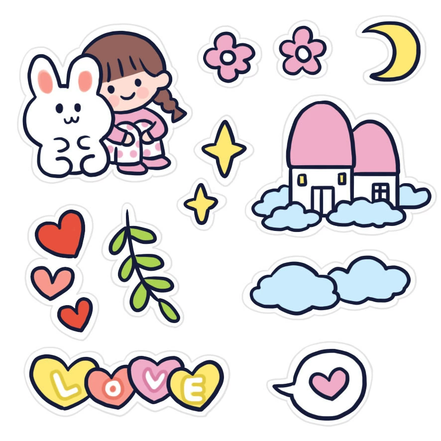 Cartoon sticker, laptop, book, DIY, for students