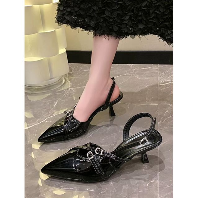Pointed Kitten Heel Black Metal Style Toe-Cap Sandals 2025 Summer New Design Niche Cut Out Sexy High Heels