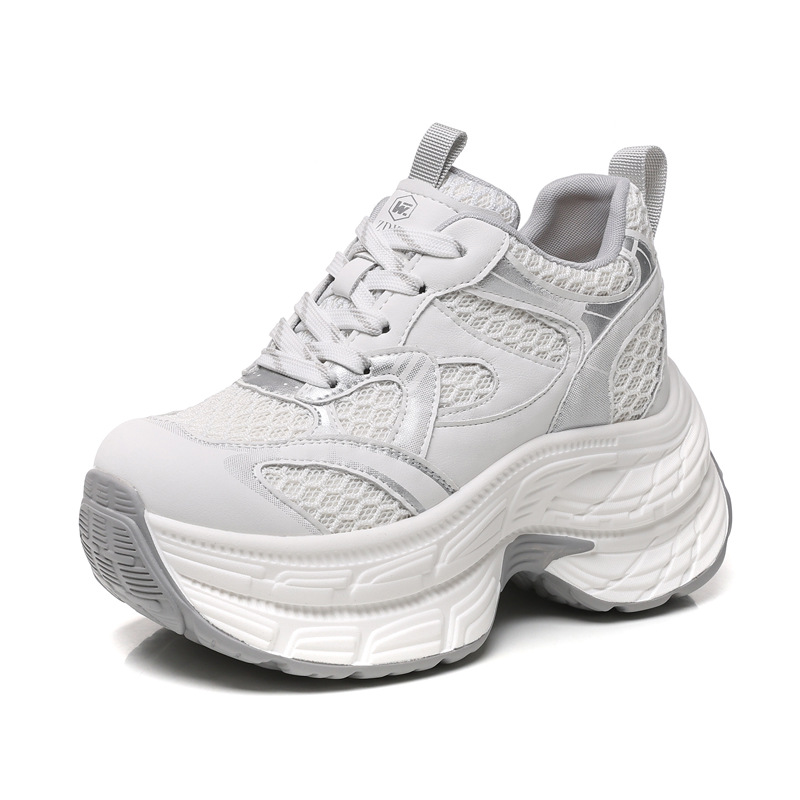 Giày sneaker nữ chunky đế dày lưới thoáng khí, đế bánh xốp mềm, tăng chiều cao nhẹ — Màu xám trắng