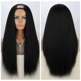 欧美 假发女黑色蓬松U型假发长直发卡子发半头套U Part Yaki Wigs