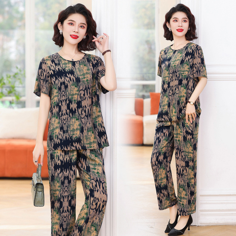 Grandma's Summer Cotton Silk Suit, Mom's Summer Short-Sleeve T-Shirt, 2026 New Style, Middle-Aged and Elderly Women's Two-Piece Top Set