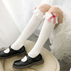 Women's Knee-High Striped Ballet Flats with Strawberry and White Design, Non-Slip Black Stockings, Thin Full-Calf Socks
