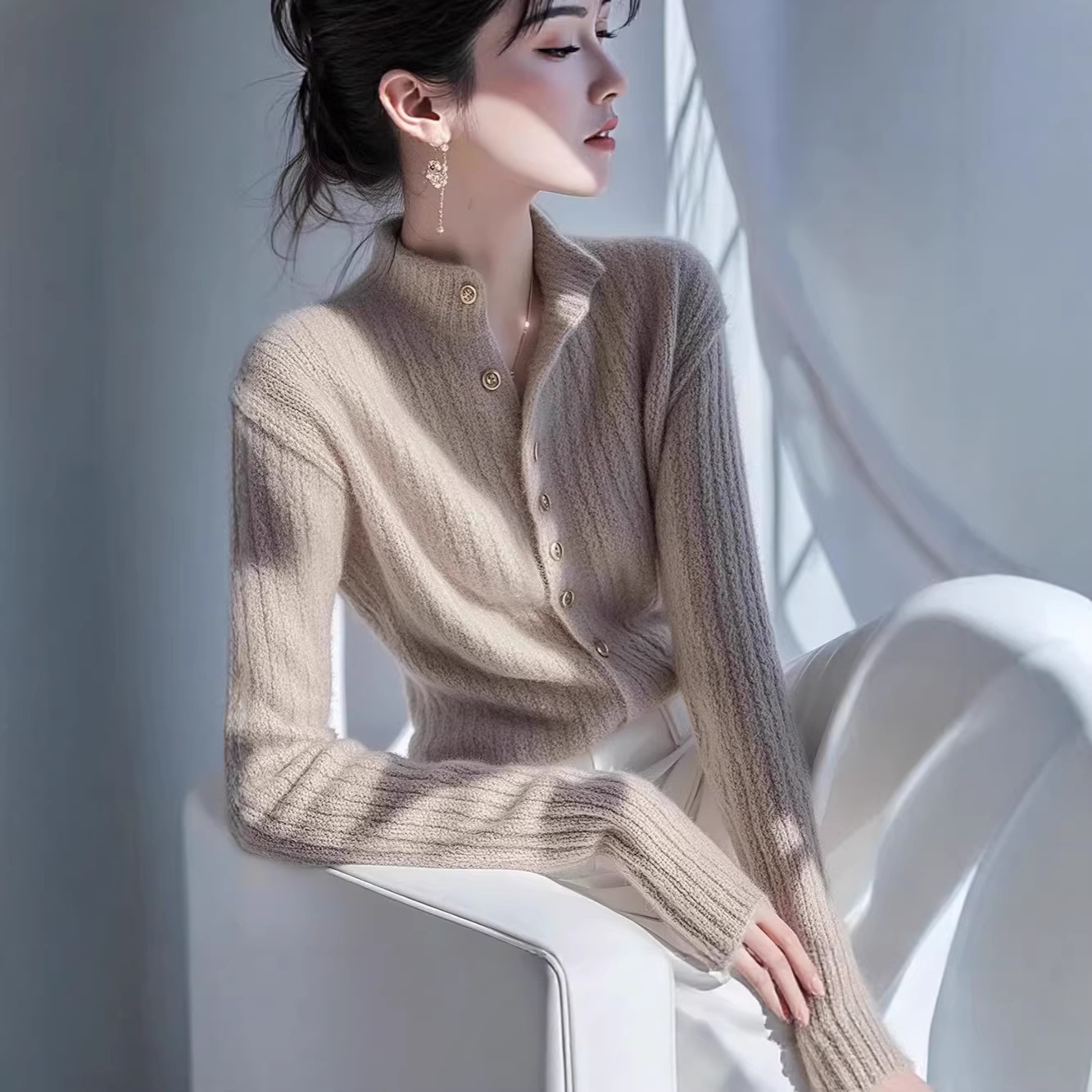 Áo len cổ lọ nữ kiểu Pháp phong cách tiểu thư sang trọng — Rượu vang đỏ chi tiết 3