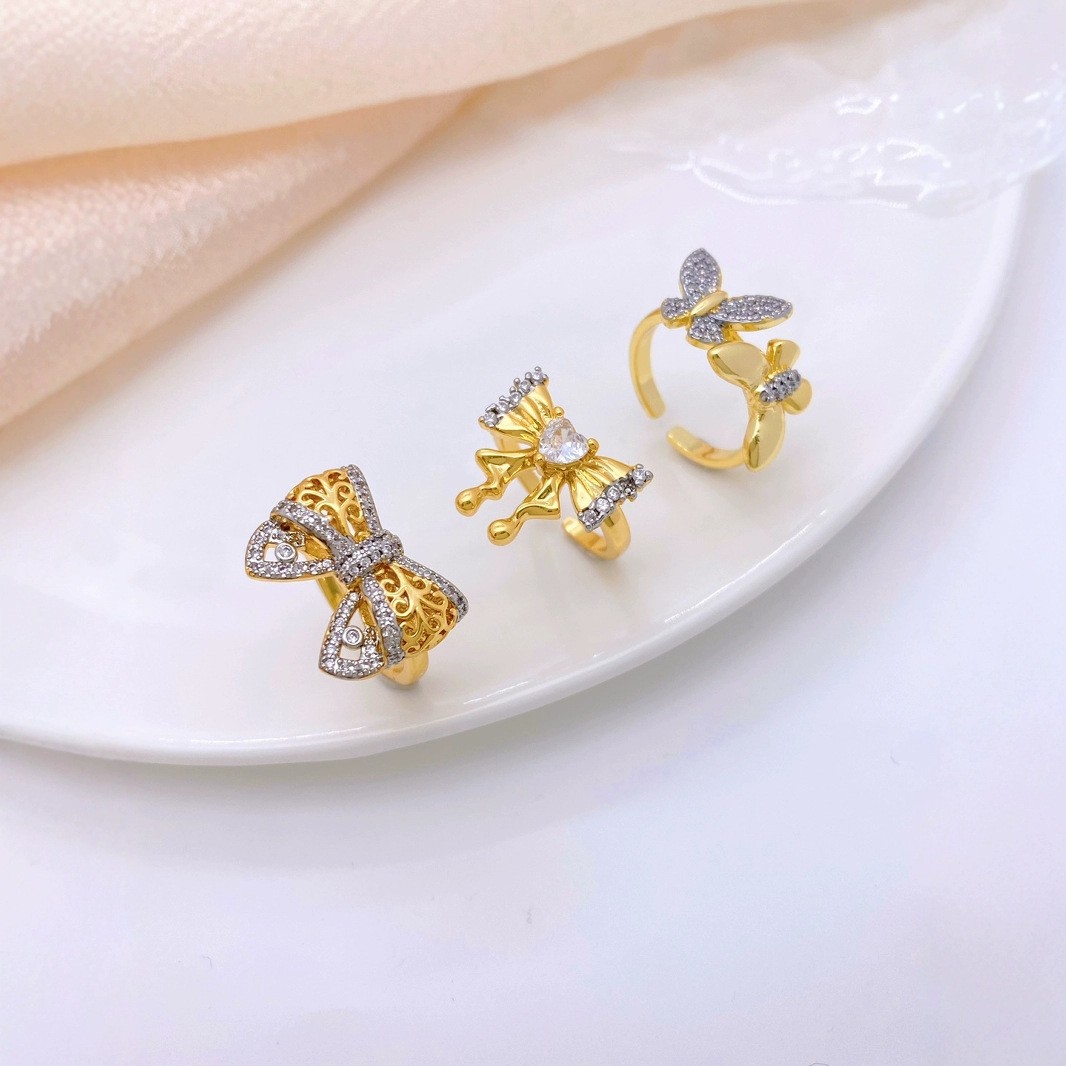 Großhandel Schmuck Süss Schmetterling Kupfer Zirkon 18 Karat Vergoldet Gemischtes Metall Inlay Offener Ring display picture 3