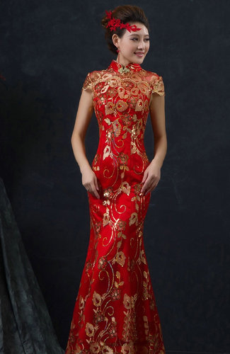 Toast dress the bride restoring ancient ways  red long show thin cheongsam fishtail wedding dress 