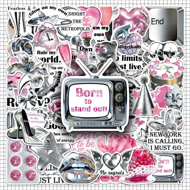 50 Pieces of Y2K Silver Pink Series Creative Realistic Style Dreamy Fun Stickers Suitcase Desktop Headphones DIY Stickers Wholesale