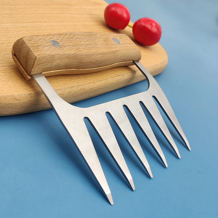 Source Factory Yangjiang Solid Wood 420 Stainless Steel Meat Tearing Claw Tool, Bear Claw Meat Separator, Meat Dividing Claw Tool