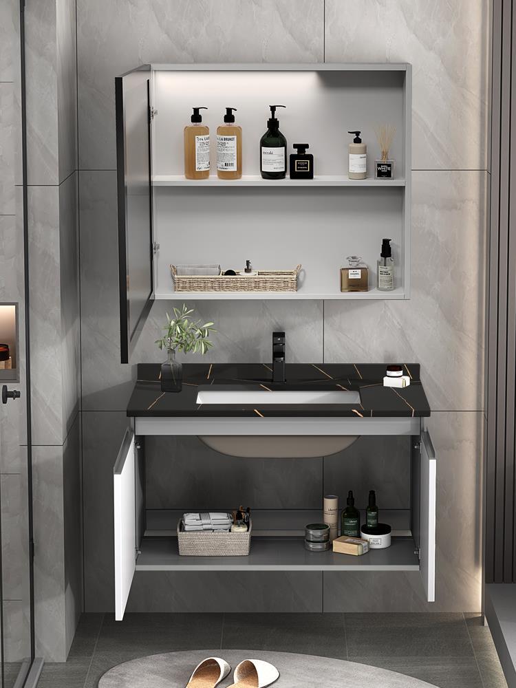 Mueble de baño de aluminio de espacio minimalista moderno gabinete de lavabo de baño combinación de lavabo inteligente espejo gabinete mesa de lavado