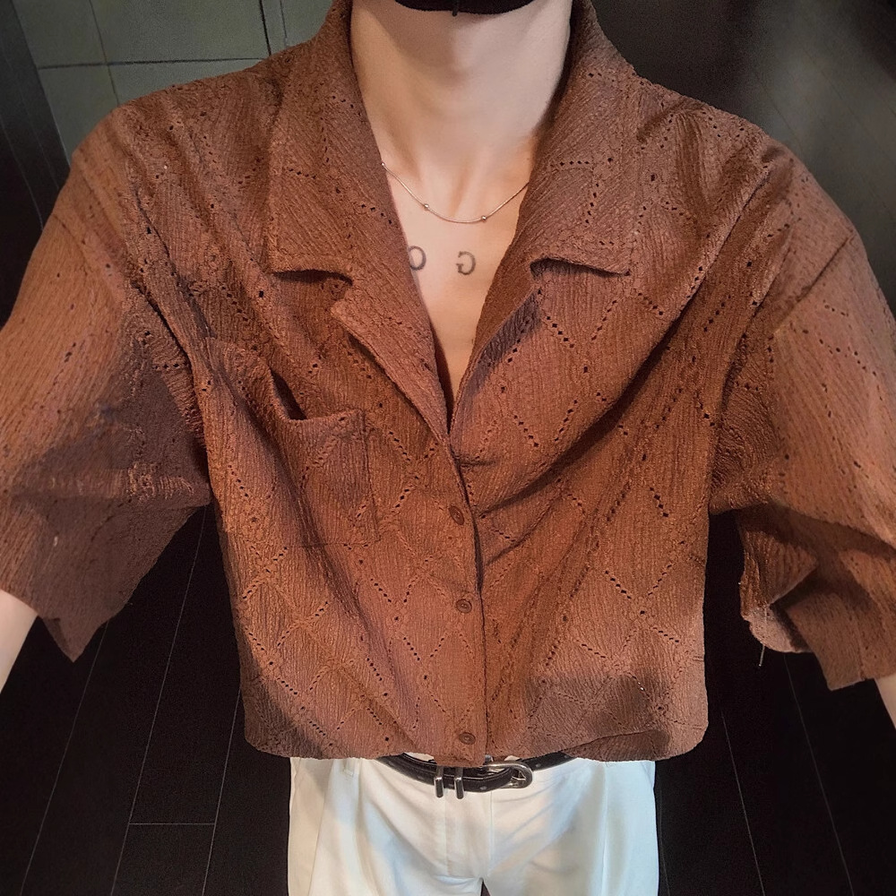 American Retro Shirt Short-Sleeved Men's Summer Trendy Brand Cut Out Design Loose and Cool Cuban Collar Half-Sleeved Polo Top