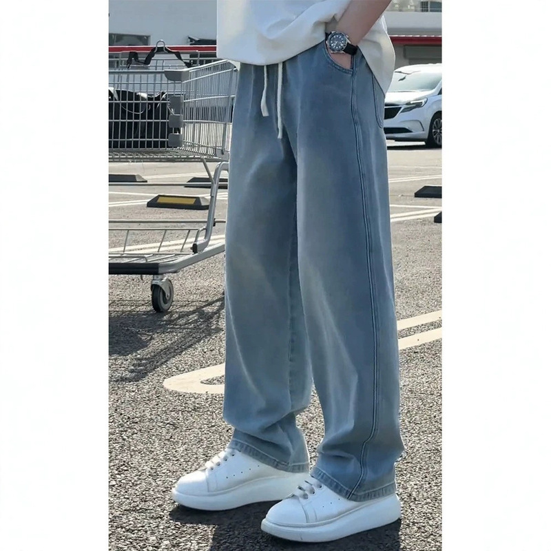 Cool Ice Silk Lightweight Jeans for Men, Summer High Street Vibe, Loose Straight Pants, American Retro Washed Long Pants, Trendy