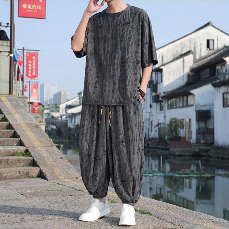 Chinese Style Hanfu suit Men's Summer Thin Short-sleeved Trousers Loose Fashionable Light Luxury T-shirt with Holes Two-piece Set