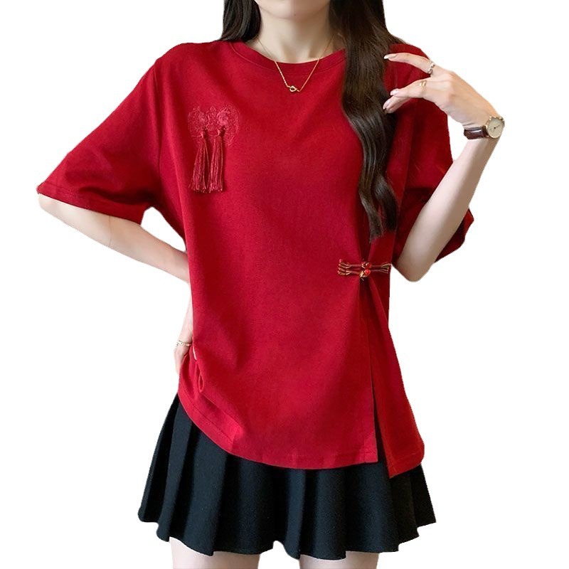 Nueva camiseta de manga corta con botones de borla de estilo nacional chino para mujer 2024 verano nuevo estilo suelto y delgado top de talla grande para mujer ins