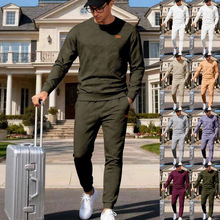 男式户外运动休闲套装秋冬季亚马逊欧美男装新款肌理感两件套男
