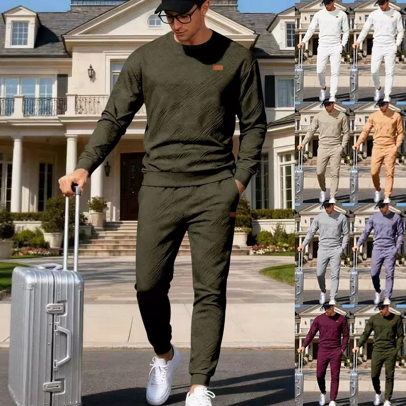 男式户外运动休闲套装秋冬季亚马逊欧美男装新款肌理感两件套男
