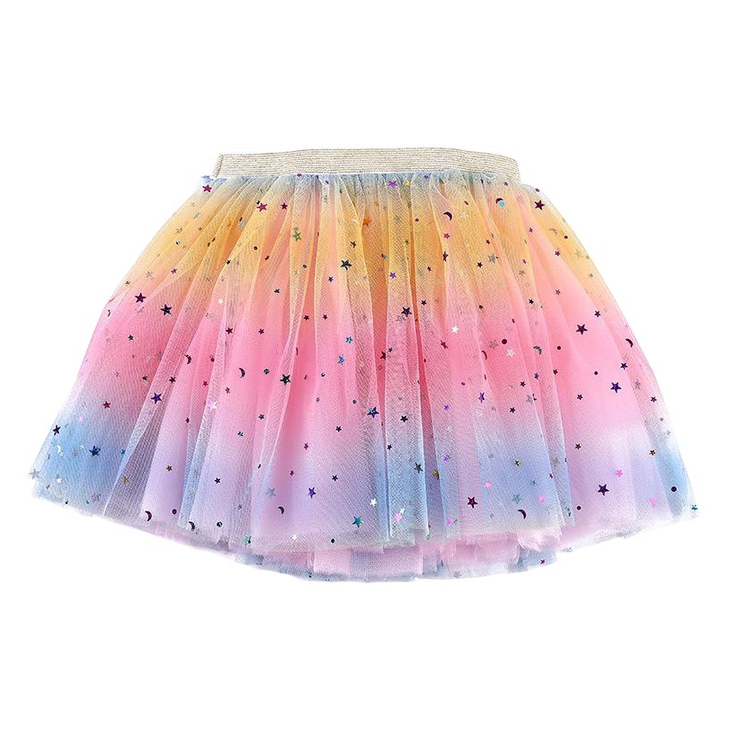 Nuevo vestido de princesa de malla falda de rendimiento para niños europeos y americanos tutú de tul para niños estrella de cinco puntas falda de arco iris
