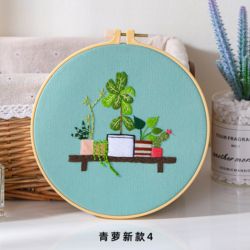 Original DIY bordado hecho a mano paquete de material verde rábano colgante cesta cactus flores y plantas traje costura