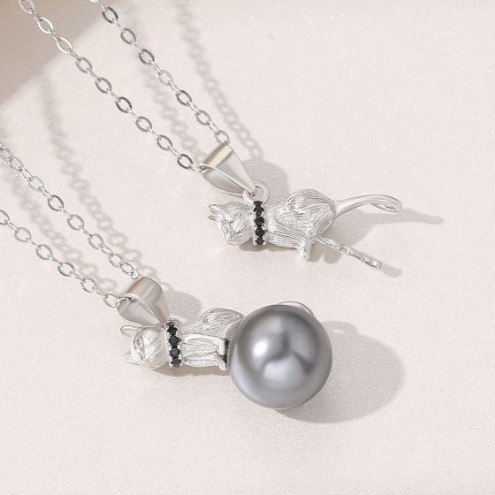 S925 Sterling Silver Bead Pendant Female Niche Design Advanced Sense Cat Clavicle Chain DIY Accessories Silver Pendant Pendant