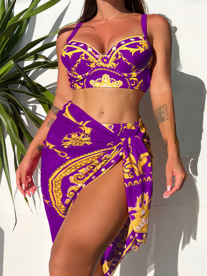 Retro Printed Sexy Bikini Mesh Lace-up Three-piece Swimsuit - Image 2