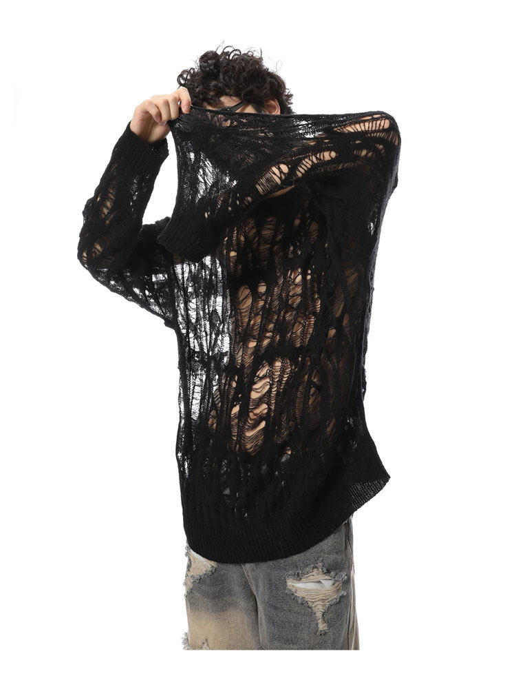 Diseño de nicho sensación de hollow overhead suéter hombre relajado casual versátil perezoso agujero jersey top