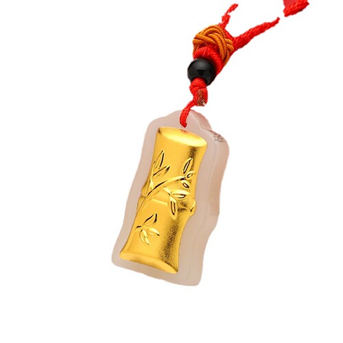 Gold inlaid jade festival high white jade pure gold bamboo pendant insurance bank company gift pendant manufacturer direct wholesale