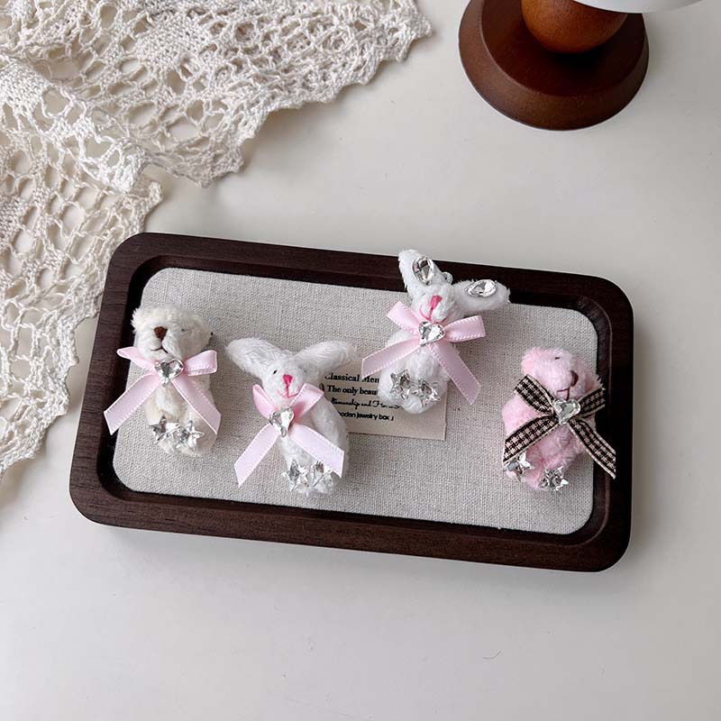 Ours et petit lapin ~ Broche mignonne en forme de cœur avec nœud papillon et strass, version coréenne_voghion.com