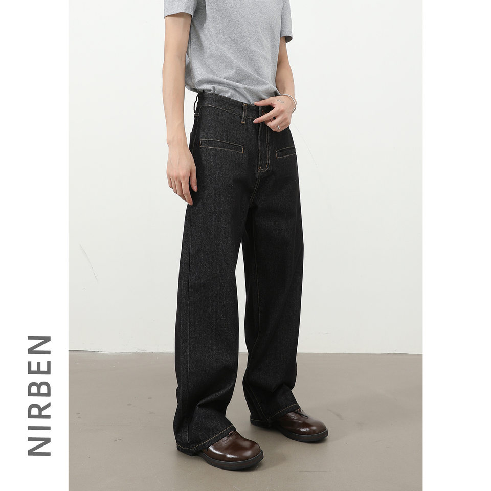 Quần jean nam ống rộng dáng suông có túi kiểu Hàn Quốc — Denim đen, màu xanh denim