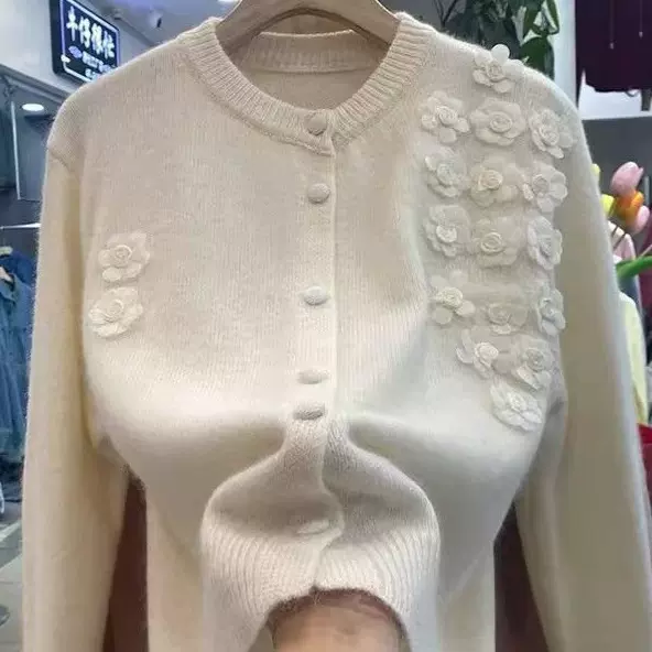 羊绒针织开衫2025年秋新款圆领女装立体花朵毛衣初秋外套高级感厚