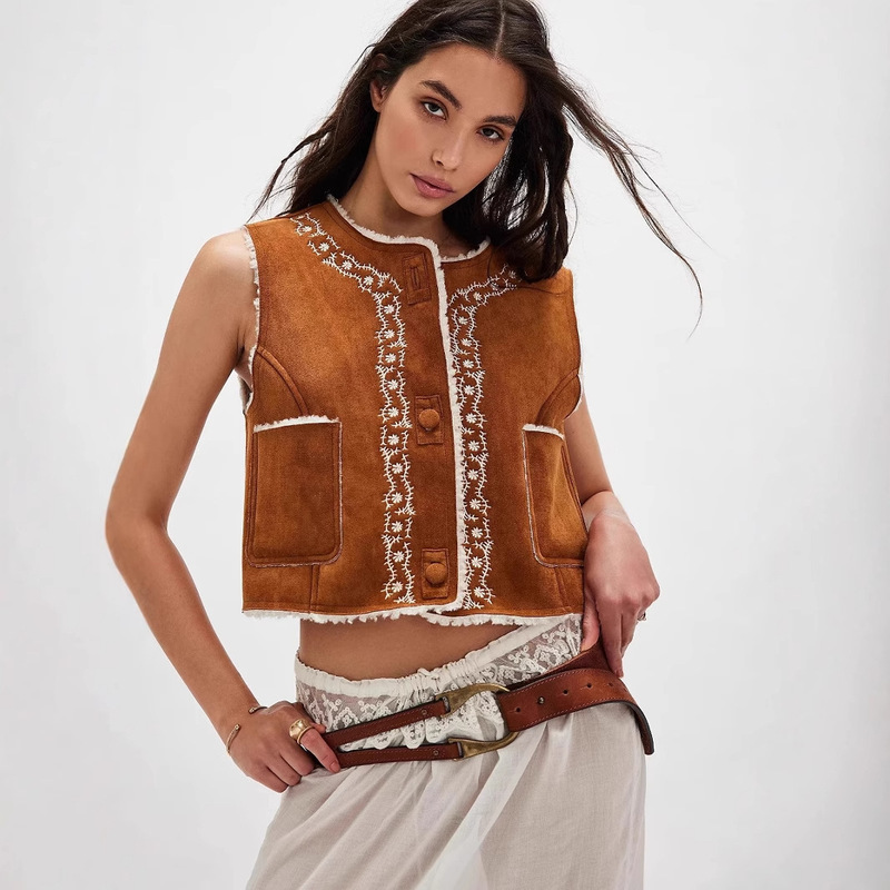 European and American Cross-Border Buttoned Flap Pocket Pants Embroidered Plush Lining Reversible Traveler Suede Vest