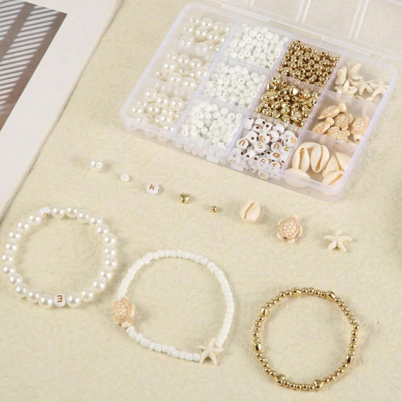 Cross-Border Hot Selling 12/15/24 Compartment Abs Imitation Pearl Box Set with Gold Spacer Beads, Shell, and Starfish DIY Jewelry Accessories