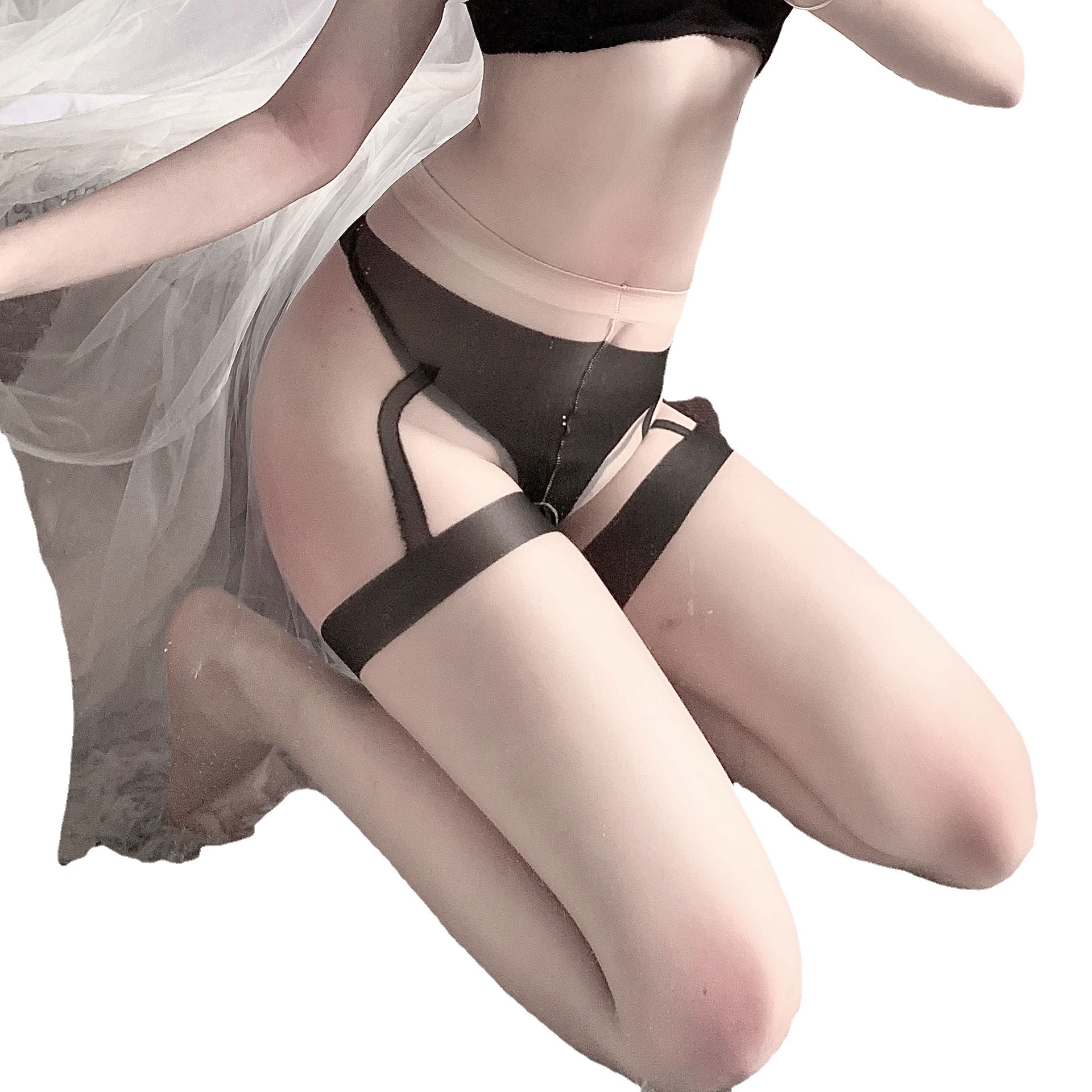 Ultra-Thin Open-Crotch Sheer Pantyhose Stockings, Black See-Through Lingerie Accessory for Women, One Size — detail image 8