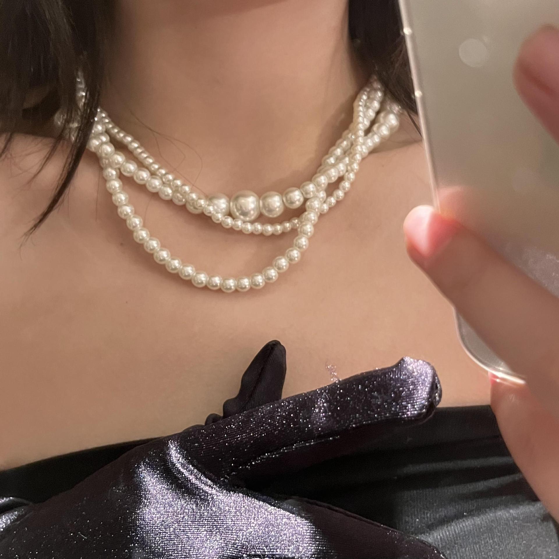 fashion retro bright pearl multi-layer beaded necklace clavicle chain