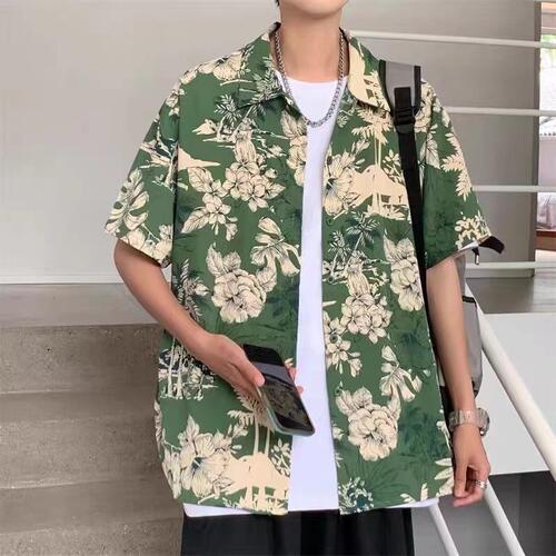 Green leaf floral parent-child casual ice silk chiffon 2024 new children's beach girls short-sleeved shirt parent-child wear summer