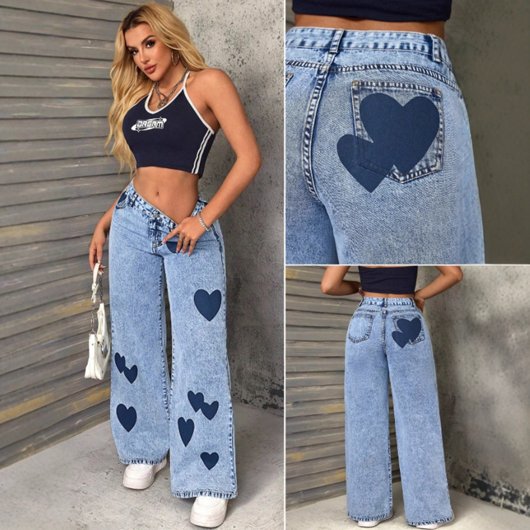 Women's Clothing Retro Women's Denim Trousers Heart Print Loose Fit European American Style For Formal & Casual_ecoleips.com