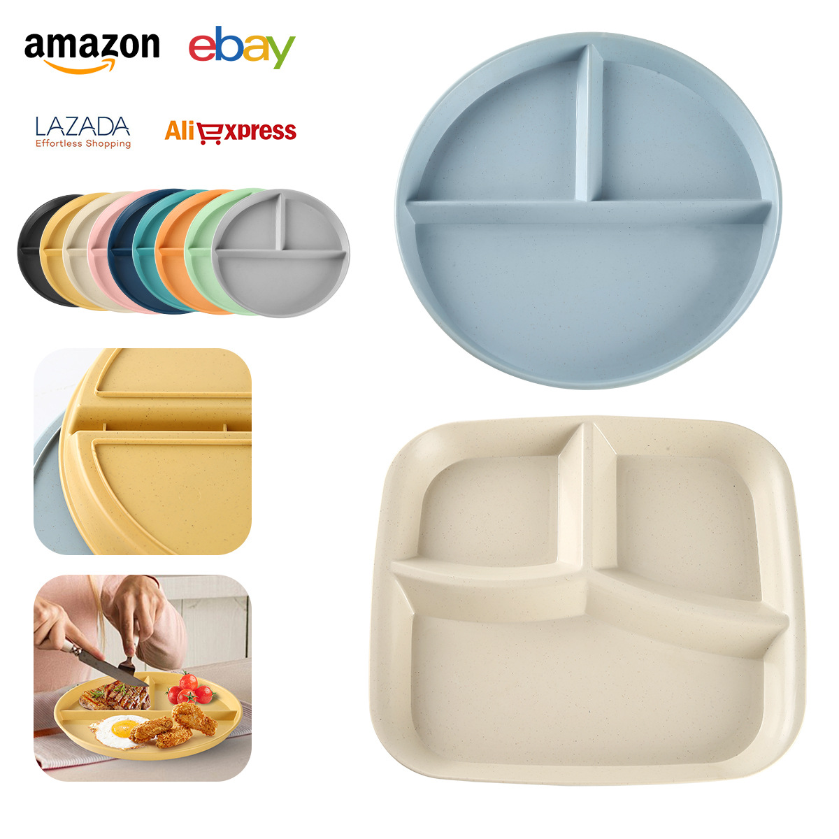 Wheat Straw 23cm Divided Plate, Fat-Reduced Plate, Anti-Fall Divided Quantitative 211 Divided Plate, Divided Snack Plate