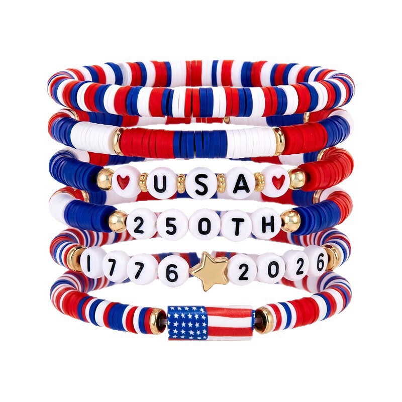 American 250Th Independence Day Bracelet Set Usa Patriotic Theme Red, White, and Blue Letter Bracelet 6-Piece Set