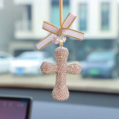 decoration, diamond-encrusted cross, high-end car — Car hanging - white-bow-chunky-cross-pendant
